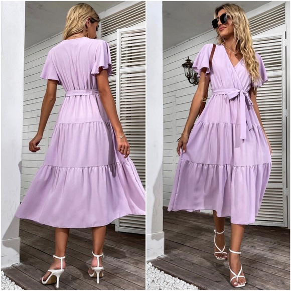 Boho Lilac Purple Butterfly Sleeve Belted Ruffle Maxi Dress - Picture 3 of 4